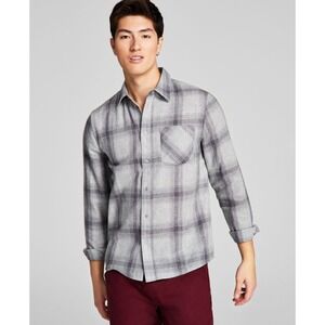 And Now This Men's Plaid Brushed Flannel Shirt, Ash Grey Plaid, Size L, NWT